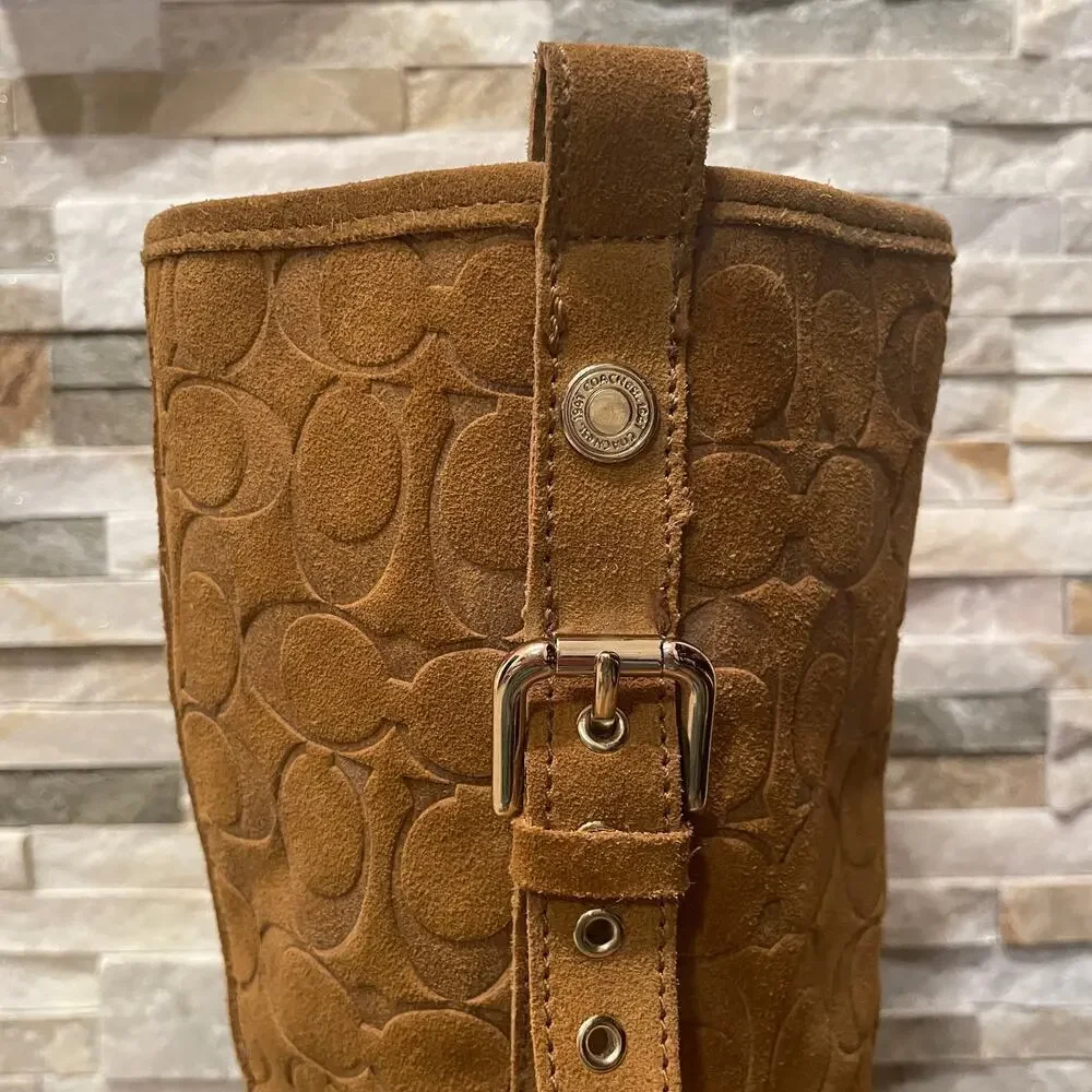 Coach Tulip Tullip Boots 8.5 | Honey Tan Suede Leather Fur, Signature C Embossed
